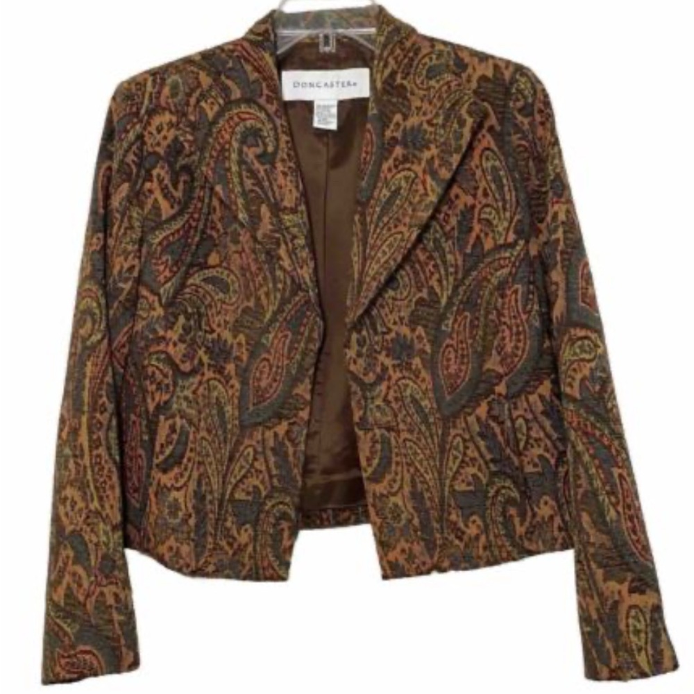 Vintage Doncaster Womens Brown & Gold Brocade Blazer Short Suit Jacket Boho